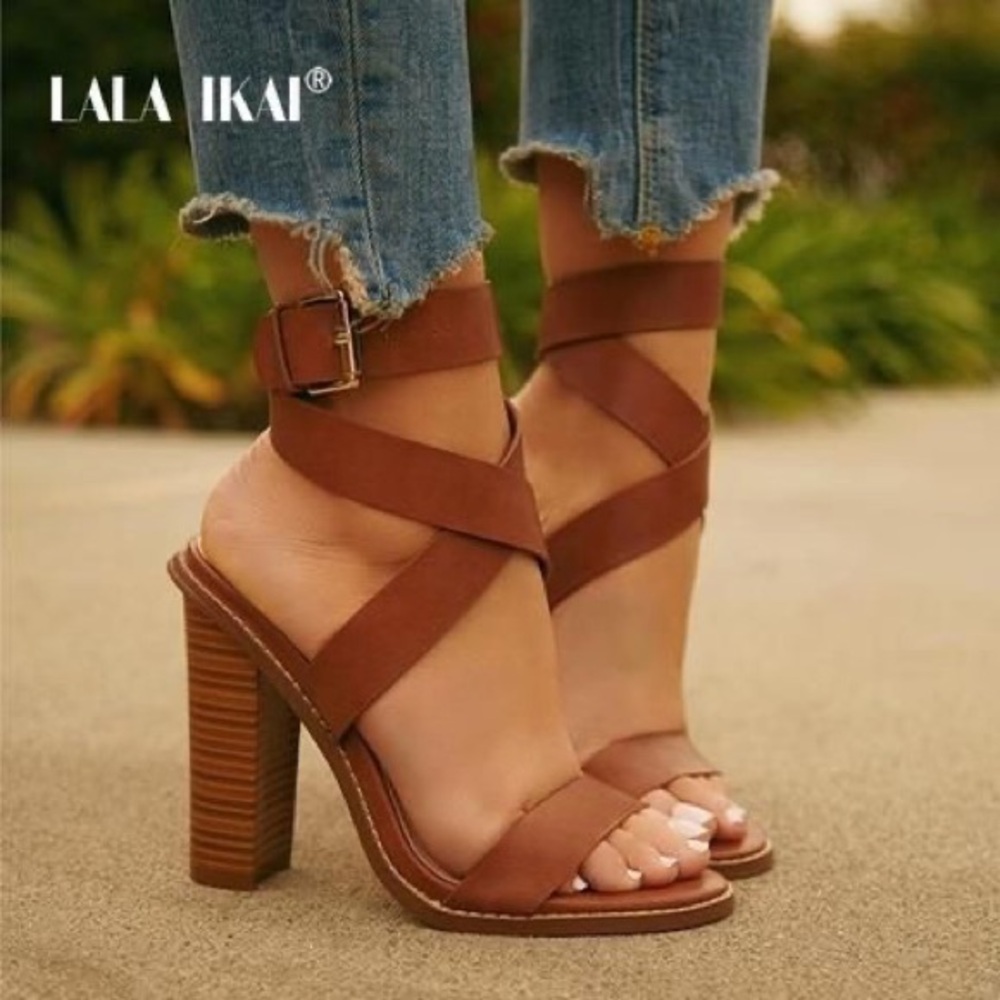 Lala Ikai Women’s Buckle Ankle Wrap and Stacked Heel Sandals. See Chart Size 6.5